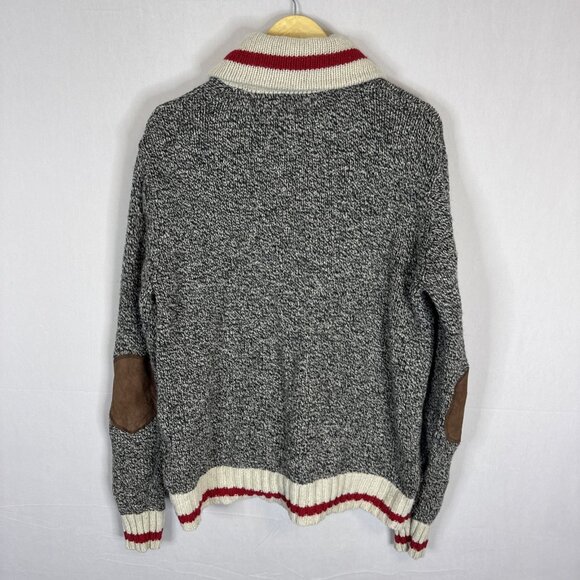 Roots Cabin Shawl Collar Sweater XL Men’s Wool Blend Elbow Patches Gray Red Knit - Picture 4 of 7
